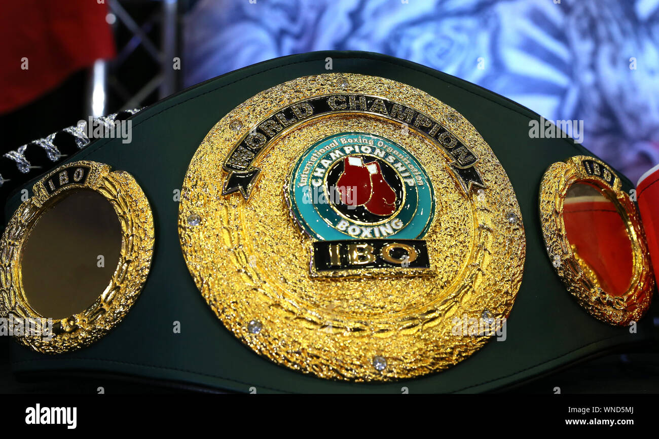 A general view of the IBO World Champion belt during a press conference at  The Hilton London Syon Park, London Stock Photo - Alamy