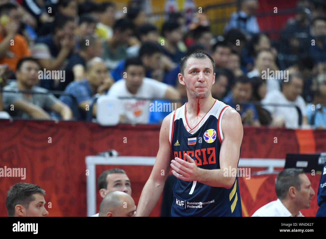 Foshan, China's Guangdong Province. 6th Sep, 2019. Vitaly Fridzon of Russia bleeds during the group I match between Poland and Russia at the 2019 FIBA World Cup in Foshan, south China's Guangdong Province, Sept. 6, 2019. Credit: Huang Zongzhi/Xinhua/Alamy Live News Stock Photo