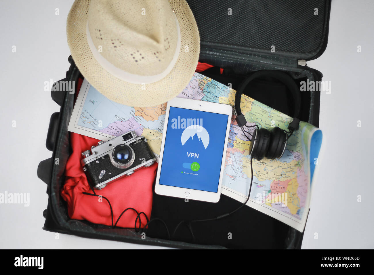 Using VPN is easy on every device while travelling Stock Photo