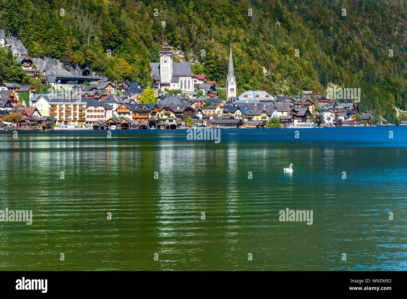 Hallstatt, Austria. Popular town on alpine lake Hallstatter See in Austrian Alps mountains in autumn Stock Photo
