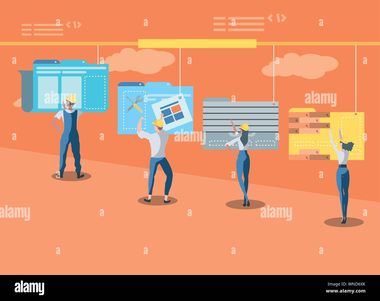 buiders and data folder with webpage under cosntruction vector illustration design Stock Vector