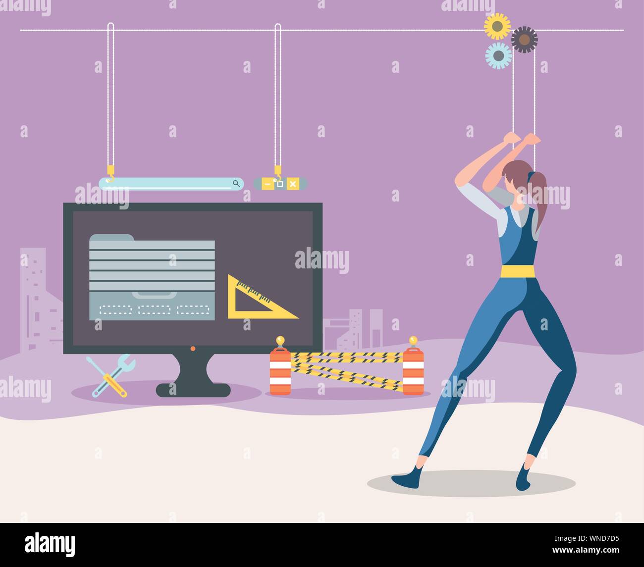 builders and desktop with webpage under cosntruction vector illustration design Stock Vector