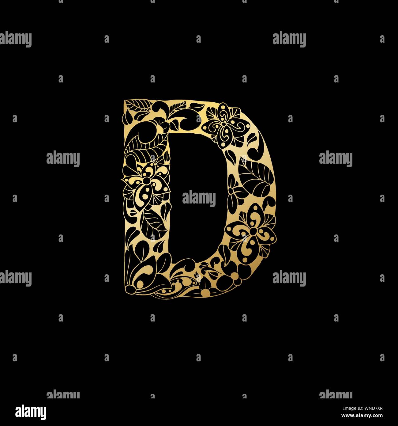 Golden Floral Ornamental Alphabet, Initial Letter D Font. Vector