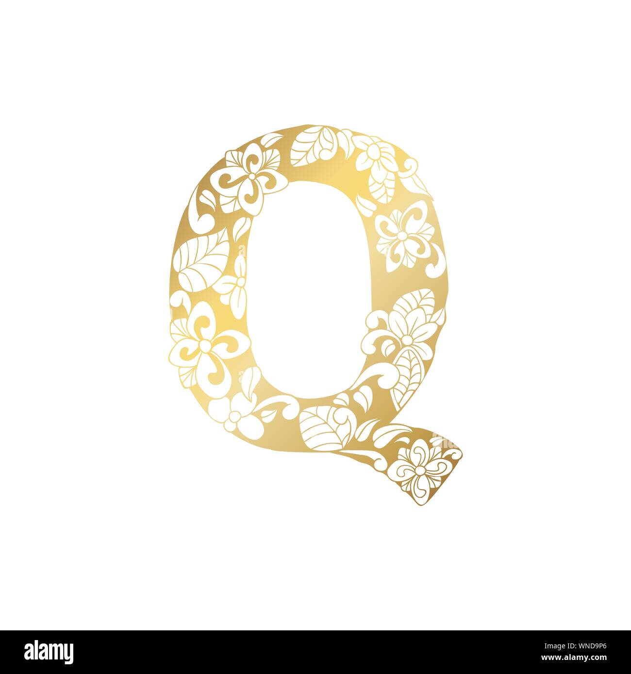 Golden Floral Ornamental Alphabet, Initial Letter Q Font. Vector Typography Symbol for Gold Wedding and Monograms Isolated Ornament Design Stock Vector
