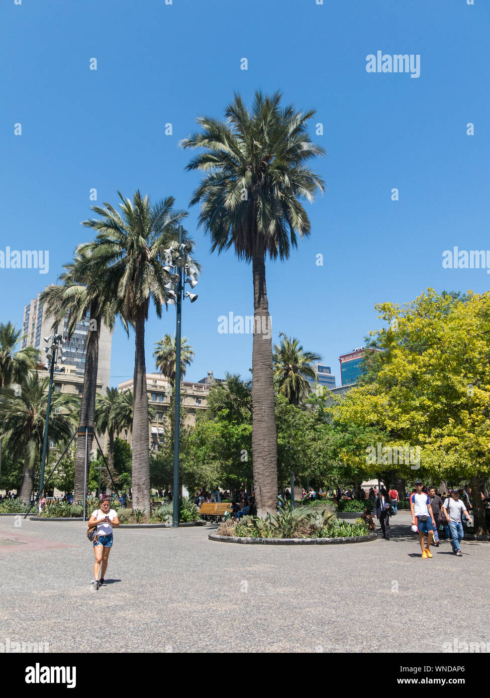 SANTIAGO DE CHILE, CHILE - JANUARY 26, 2018: Panorama of Plaza de Armas square in Santiago de Chile. It's the main square of Santiago. I'is the center Stock Photo