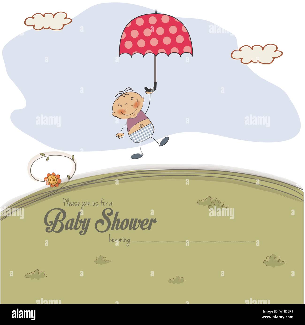 baby shower card with a boy who lands on a meadow Stock Vector
