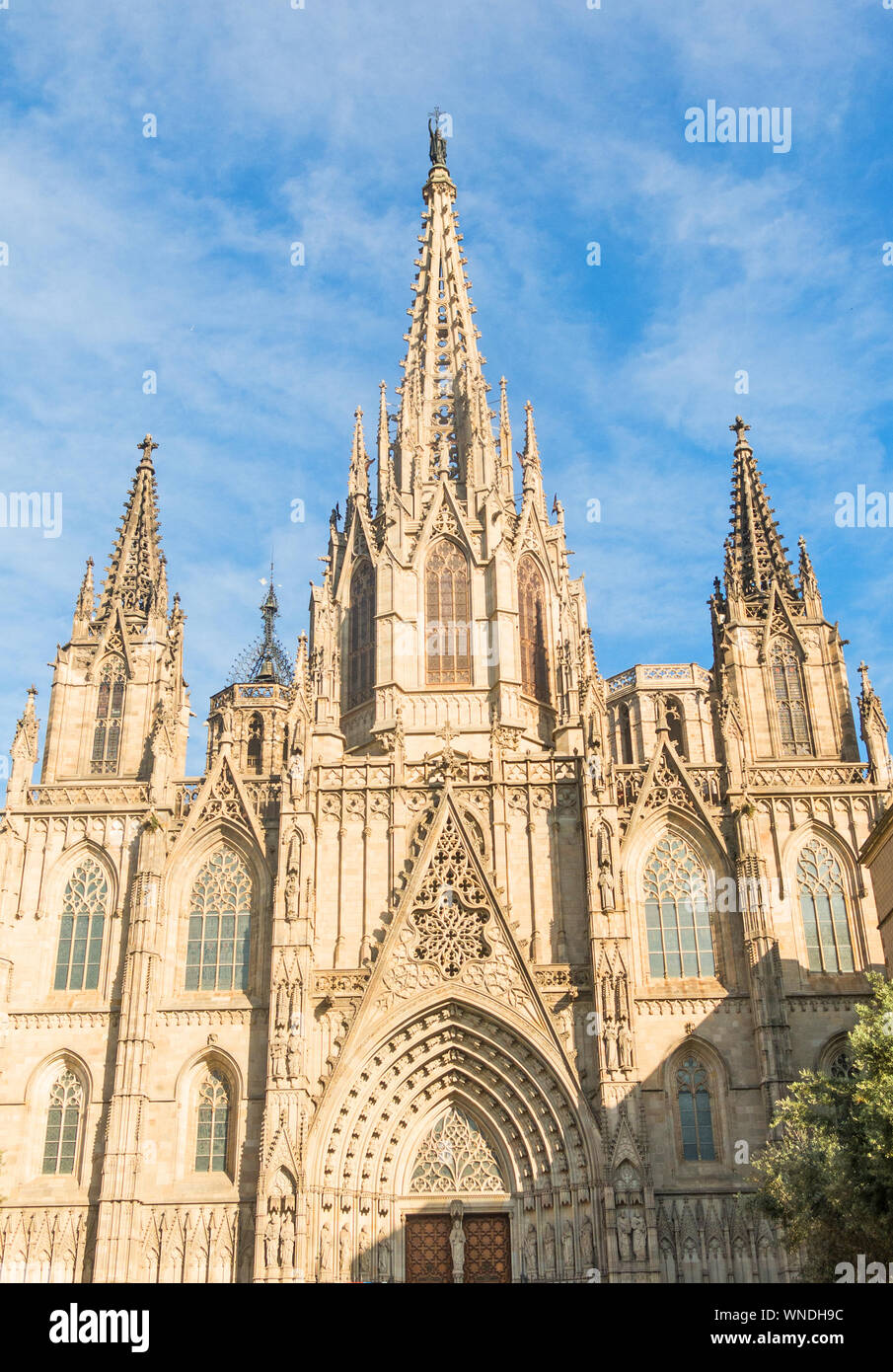 Facade of the Metropolitan Cathedral Basilica of Barcelona (also known as The Cathedral of the Holy Cross and Saint Eulalia) located in the gothic qua Stock Photo