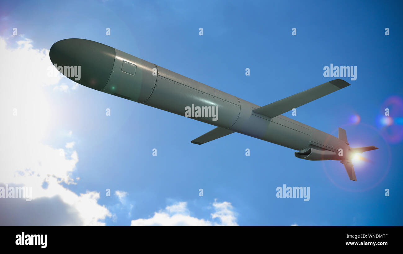 Cruise missile on sky background. 3D render Stock Photo