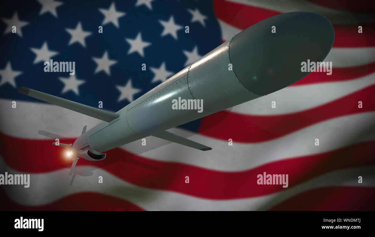 Cruise missile on the background of the American flag. 3D render Stock Photo