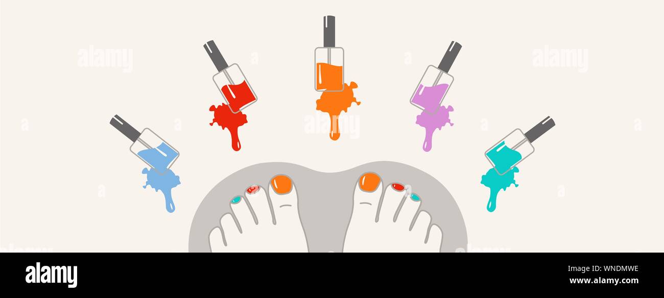 Vector illustration of the feet, top view, painted with nail polish. A palette of colors for the manicure and pedicure salon, logo, banner, cover for Stock Vector