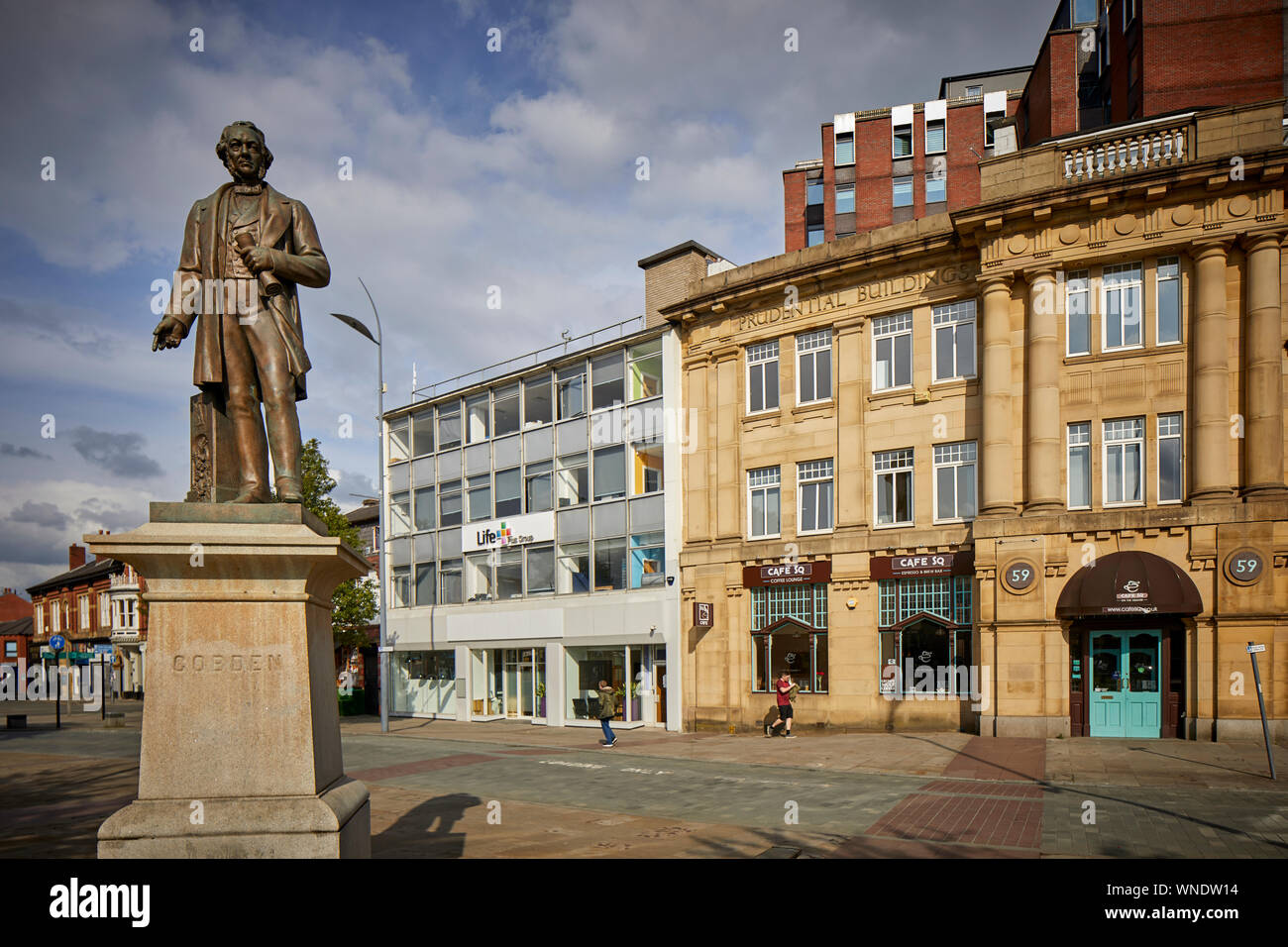 Richard Cobden statue Stockport Liberal statesman, associated with free trade campaigns, Anti-Corn Law League and Cobden–Chevalier Treaty. Stock Photo