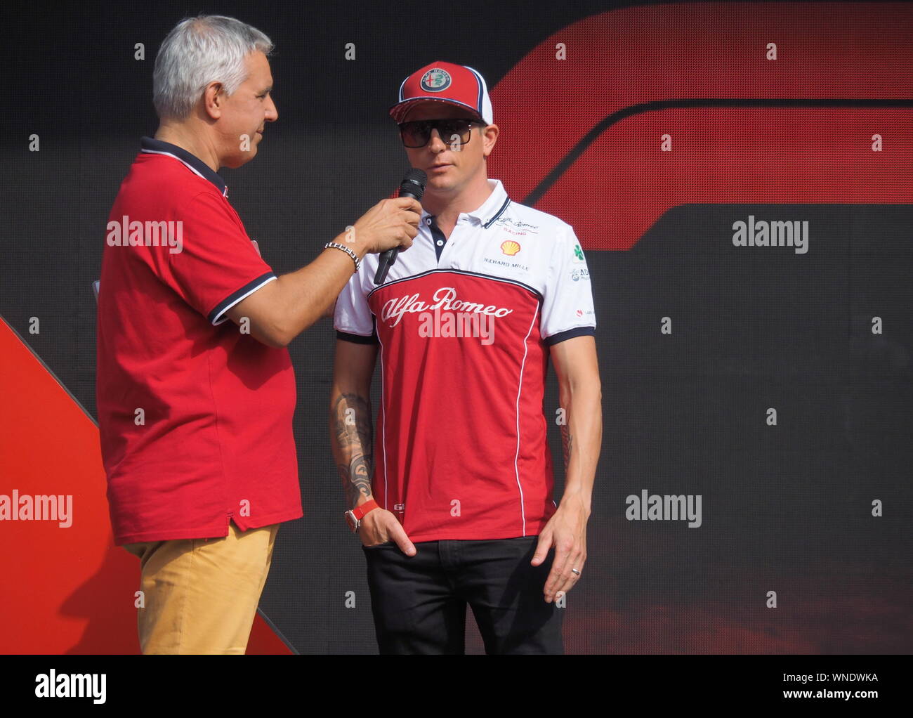 Monza, Italy 5 September 2019: Driver Kimi Raikkonen presented at fans and interviewed on Monza circuit. Stock Photo