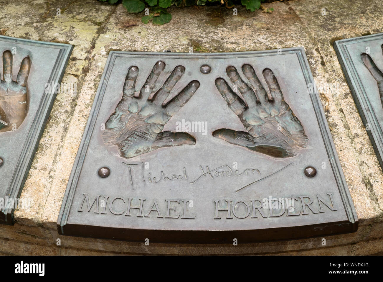 The Hand Fountain near Saw Close Bath. Broze reliefs of famous Actors hands. Michael Horden Stock Photo