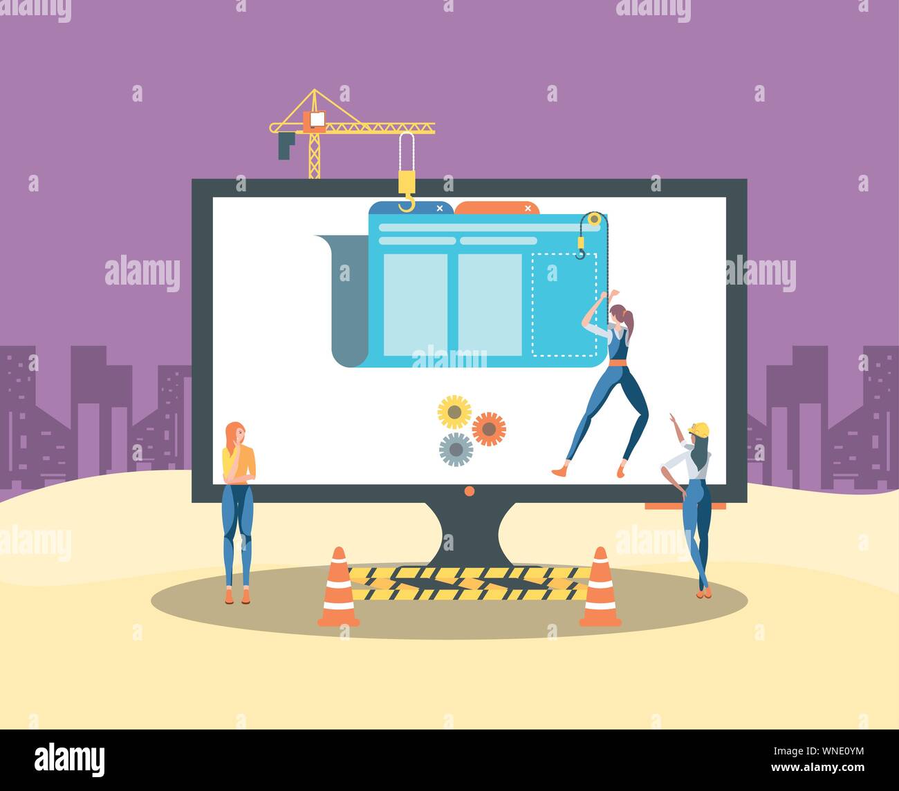 builders and desktop with webpage under cosntruction vector illustration design Stock Vector