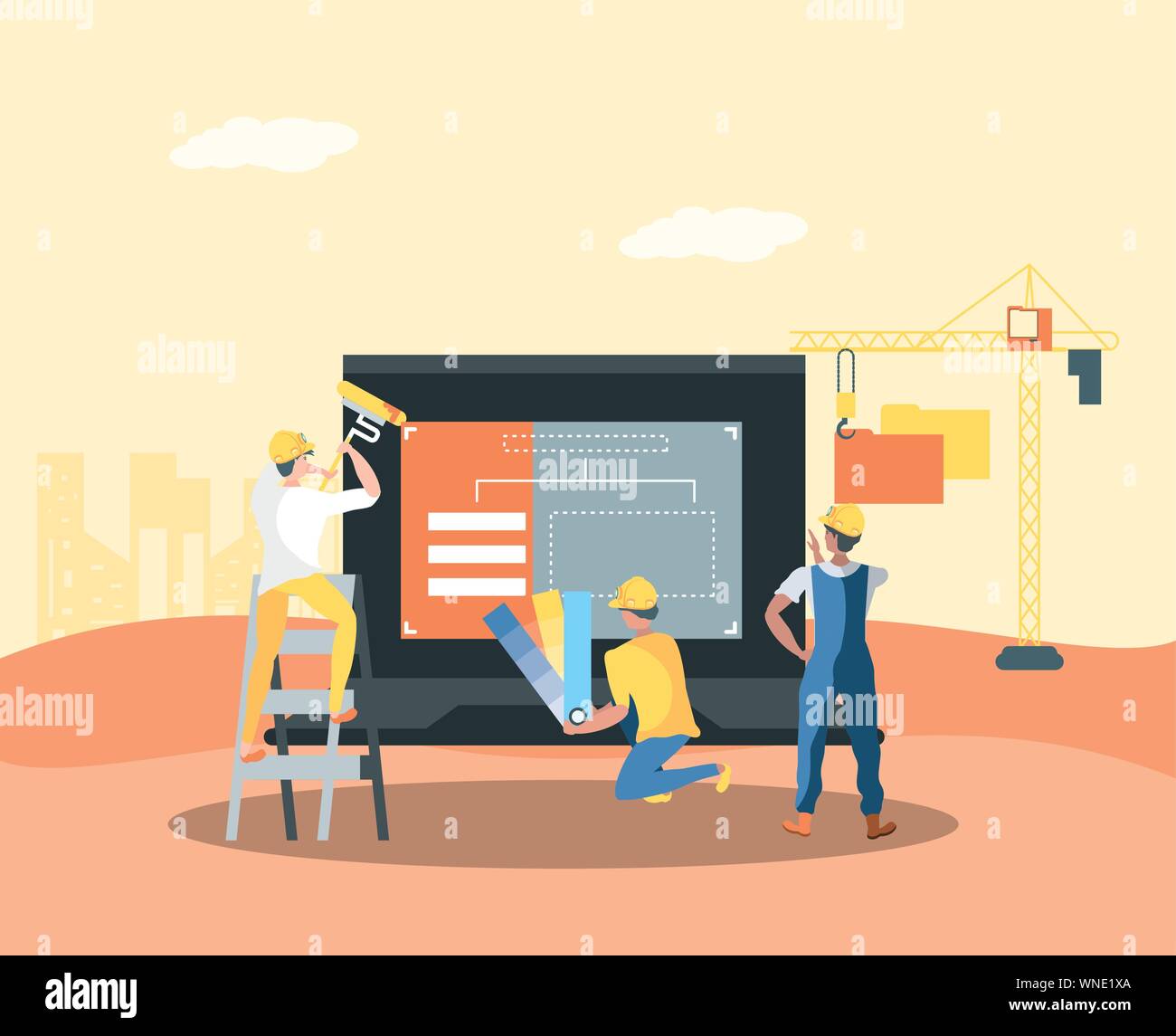 builder and laptop with webpage under cosntruction vector illustration design Stock Vector