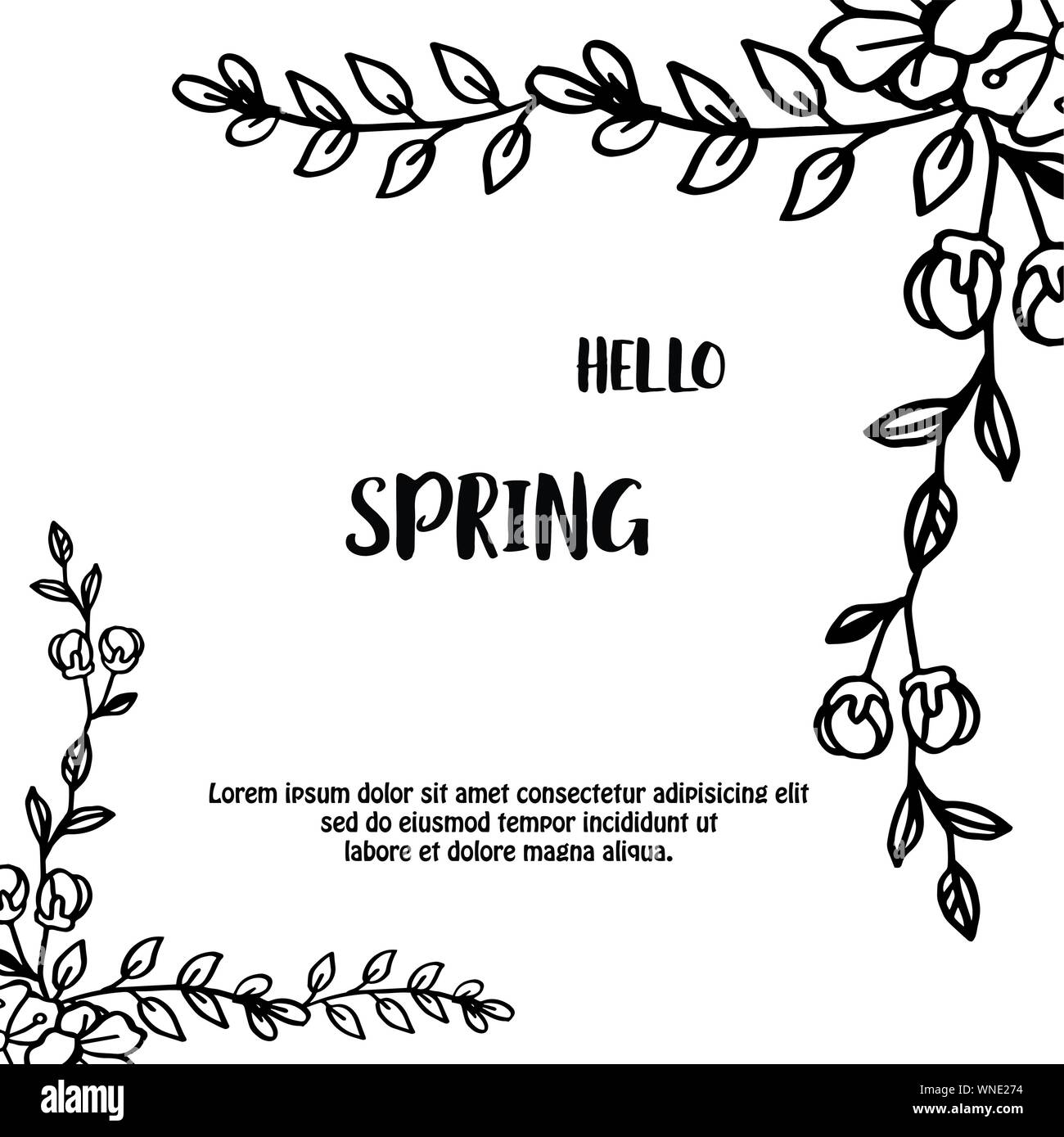 Hello spring greeting card in various shape frame with leaf floral ...