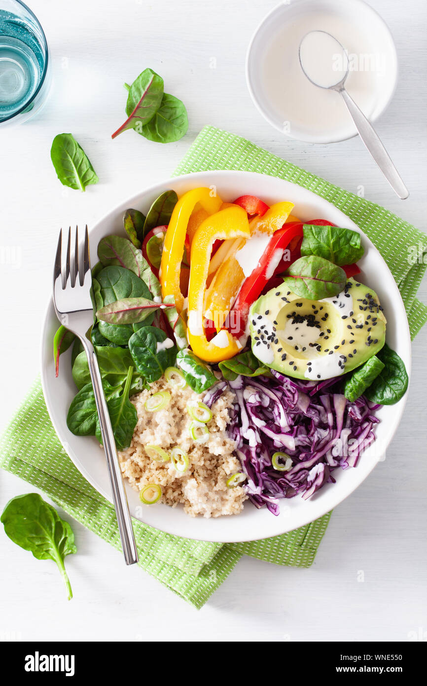 veggie couscous lunch bowl with avocado, bell peppers, spinach and red cabbage Stock Photo Alamy