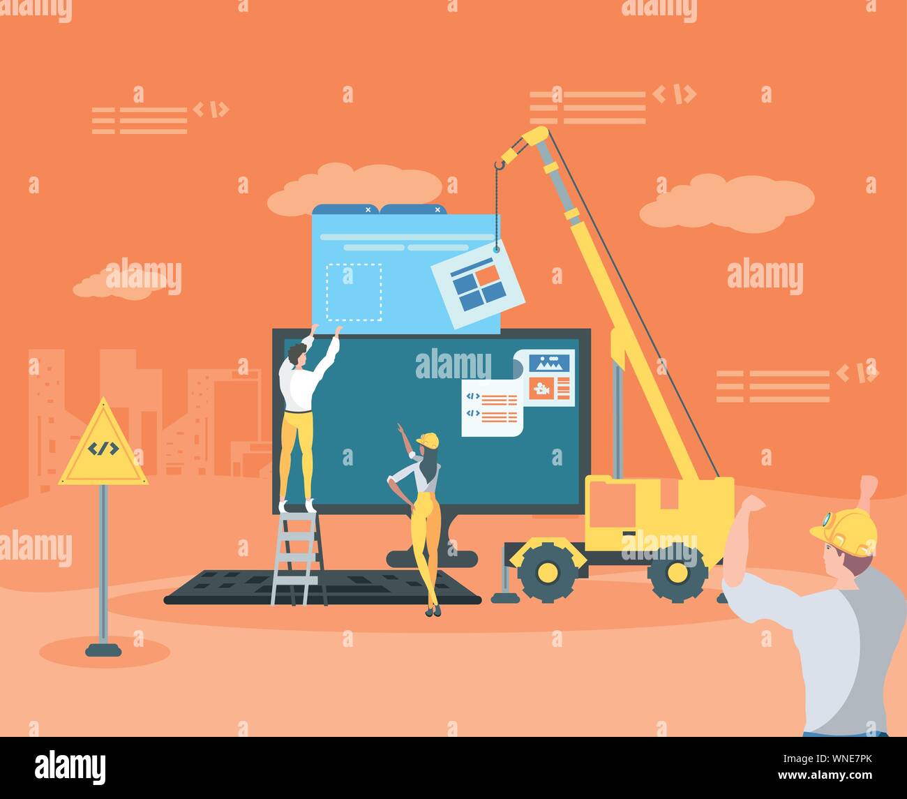 builders and desktop with webpage under cosntruction vector illustration design Stock Vector