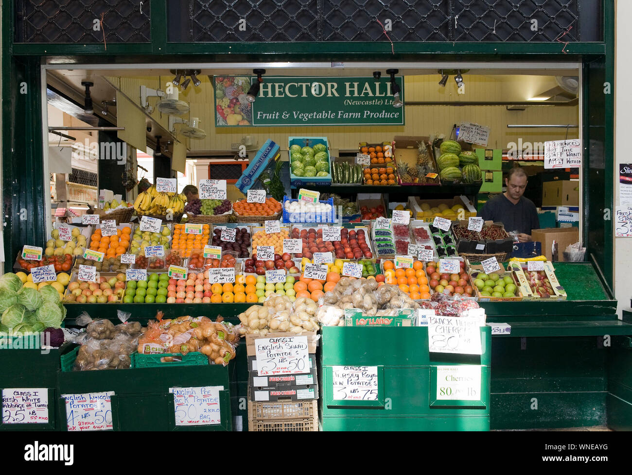 Fruit & veg. prices, Grainger Market, Newcastle, UK, 2009 Stock Photo