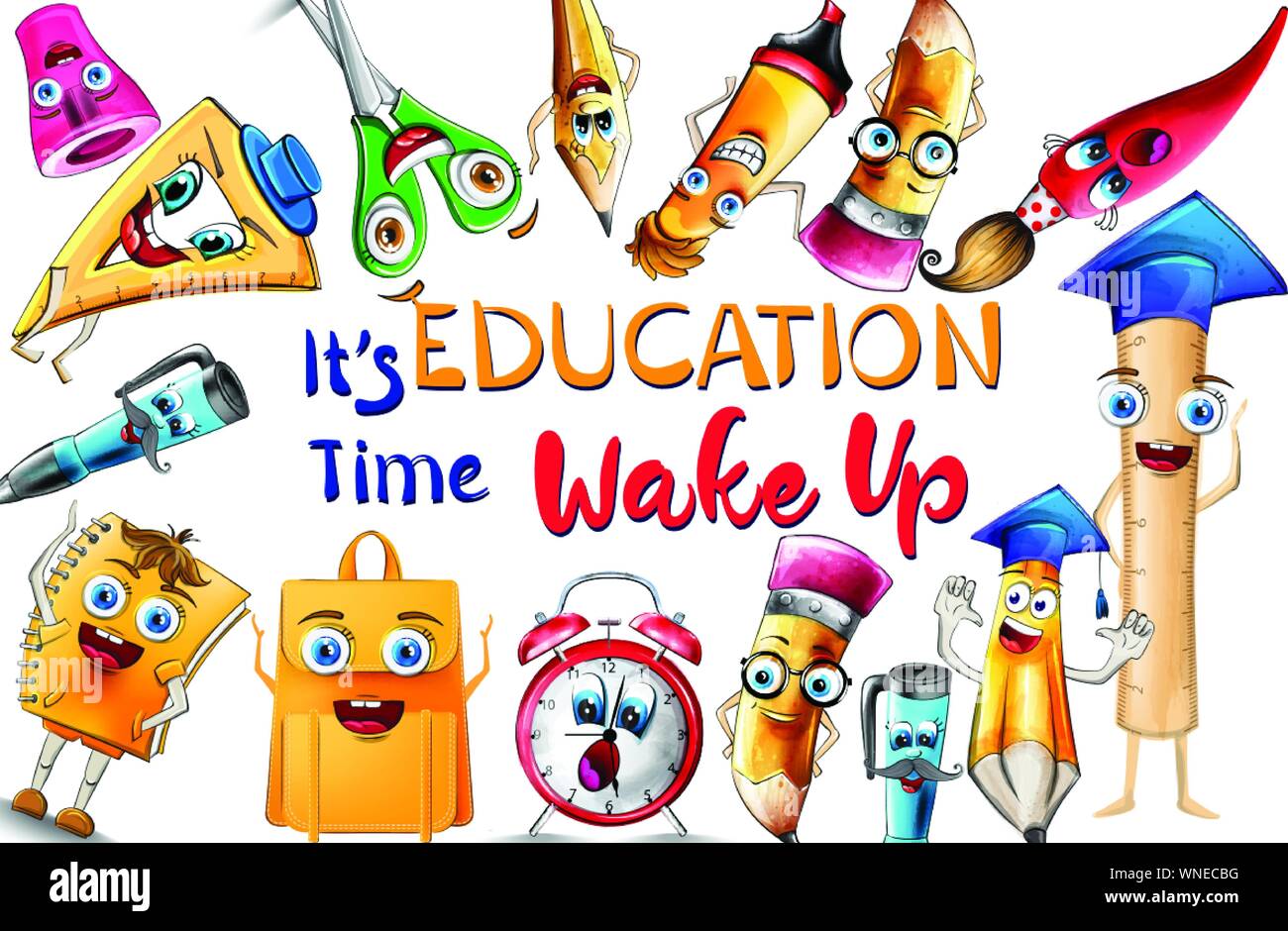 School Supplies Cartoon Characters Vector Watercolor. Notebook Pen And Ruler Funny Characters Illustration Watercolor Style Stock Vector Image & Art - Alamy