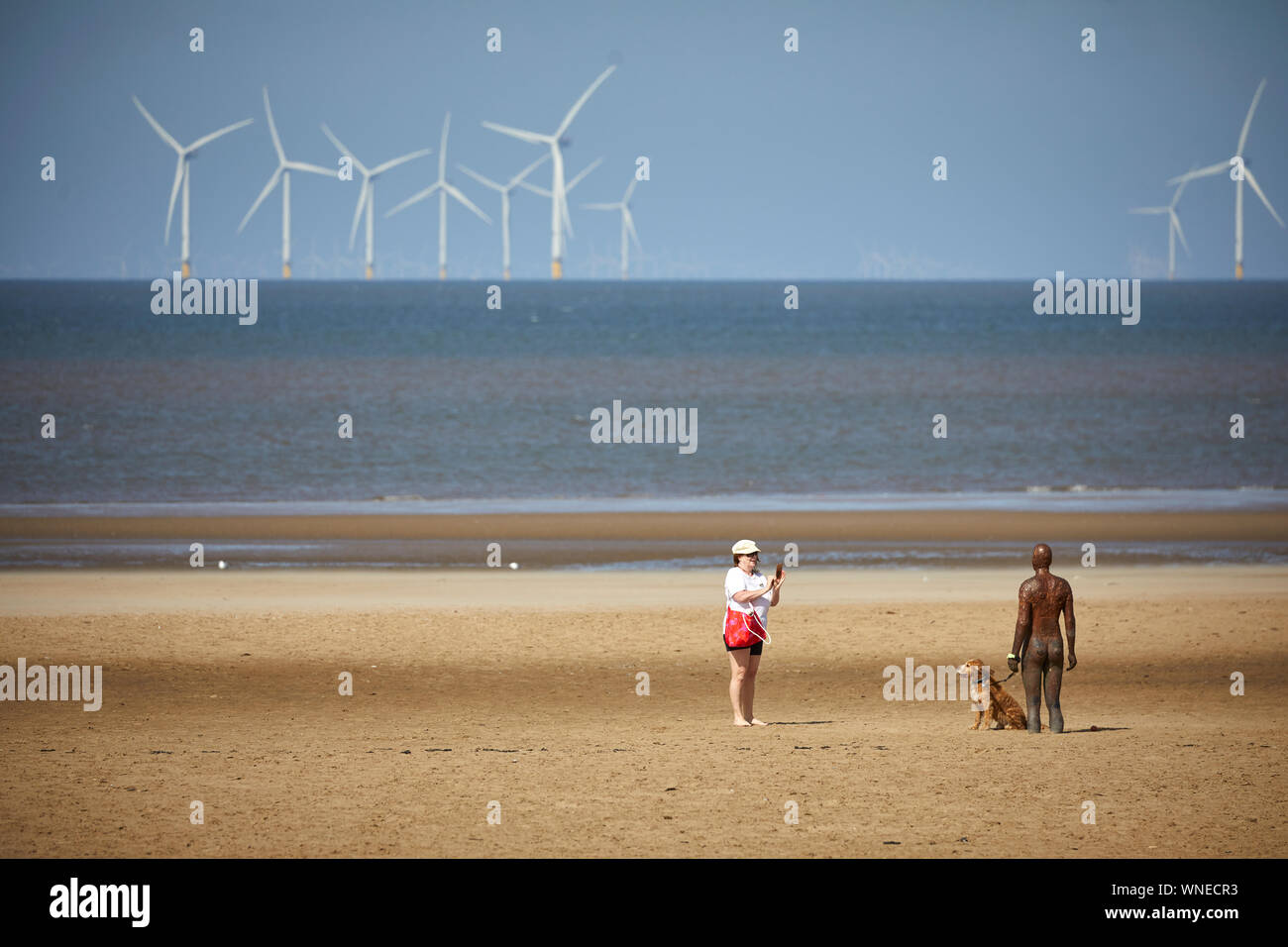 Statue, Another Place by Anthony Gormley Crosby Beach River Mersey estuary Sefton, Merseyside, England. Stock Photo