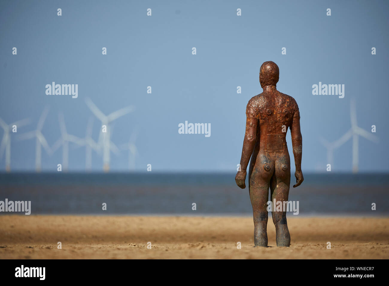 Statue, Another Place by Anthony Gormley Crosby Beach River Mersey estuary Sefton, Merseyside, England. Stock Photo