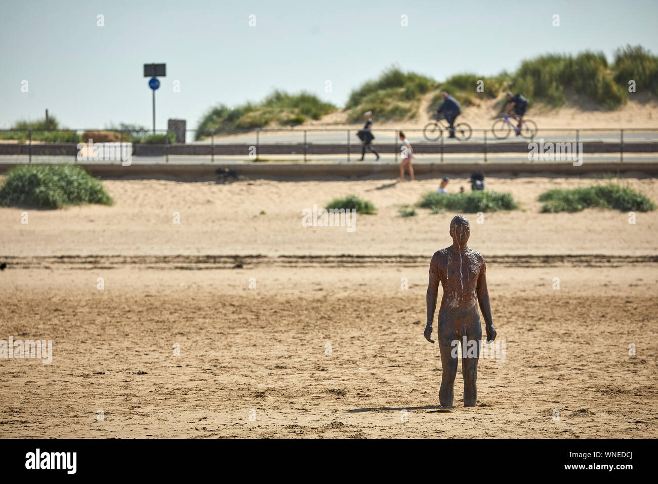 Statue, Another Place by Anthony Gormley Crosby Beach River Mersey estuary Sefton, Merseyside, England. Stock Photo