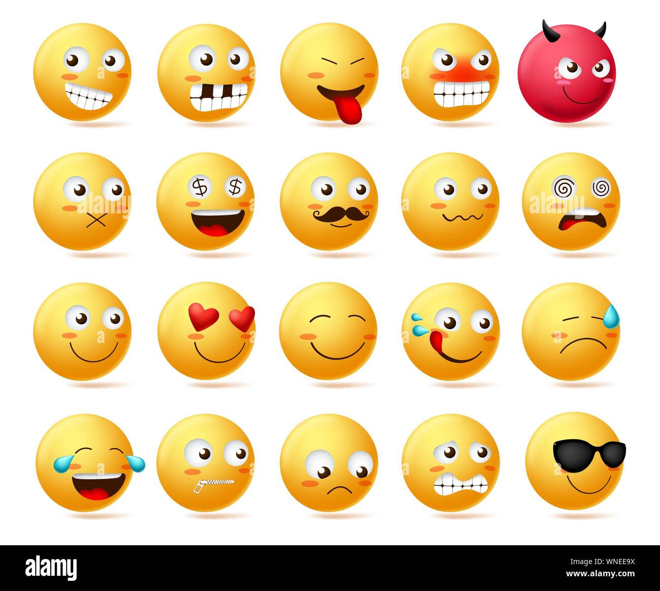 Smiley emoticon vector character face set. Smileys cute faces, scared face  emoji 