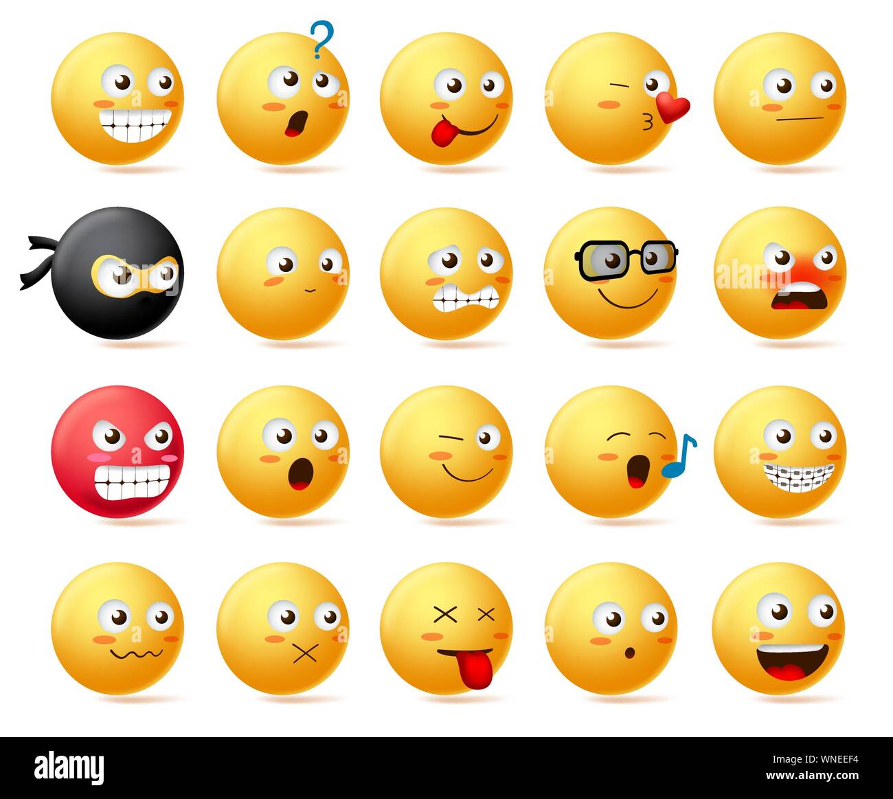 Smileys emoji faces vector character set. Smiley emoticon with yellow face in side view and cute facial expression like sad, scared, angry, happy. Stock Vector