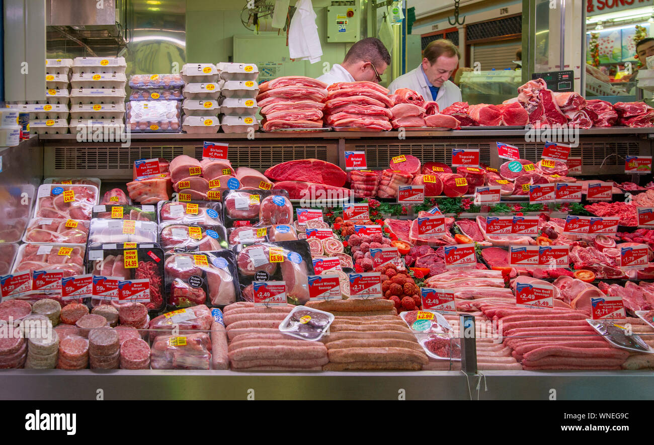 Meat Prices, Grainger Market, Newcastle, 2011 Stock Photo
