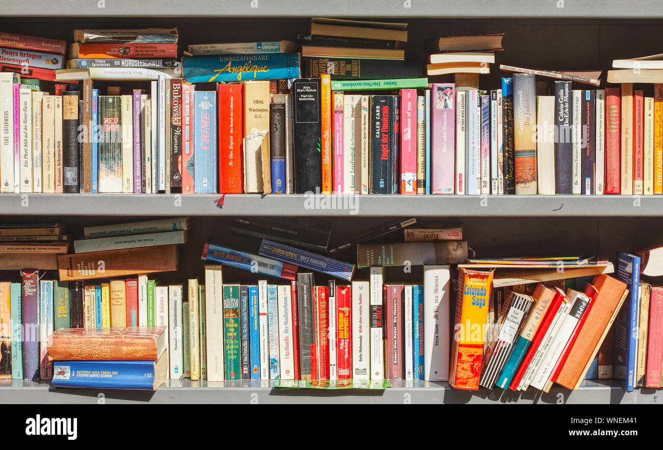 Old colorful books standing in a bookshelf, Germany, Europe Stock Photo