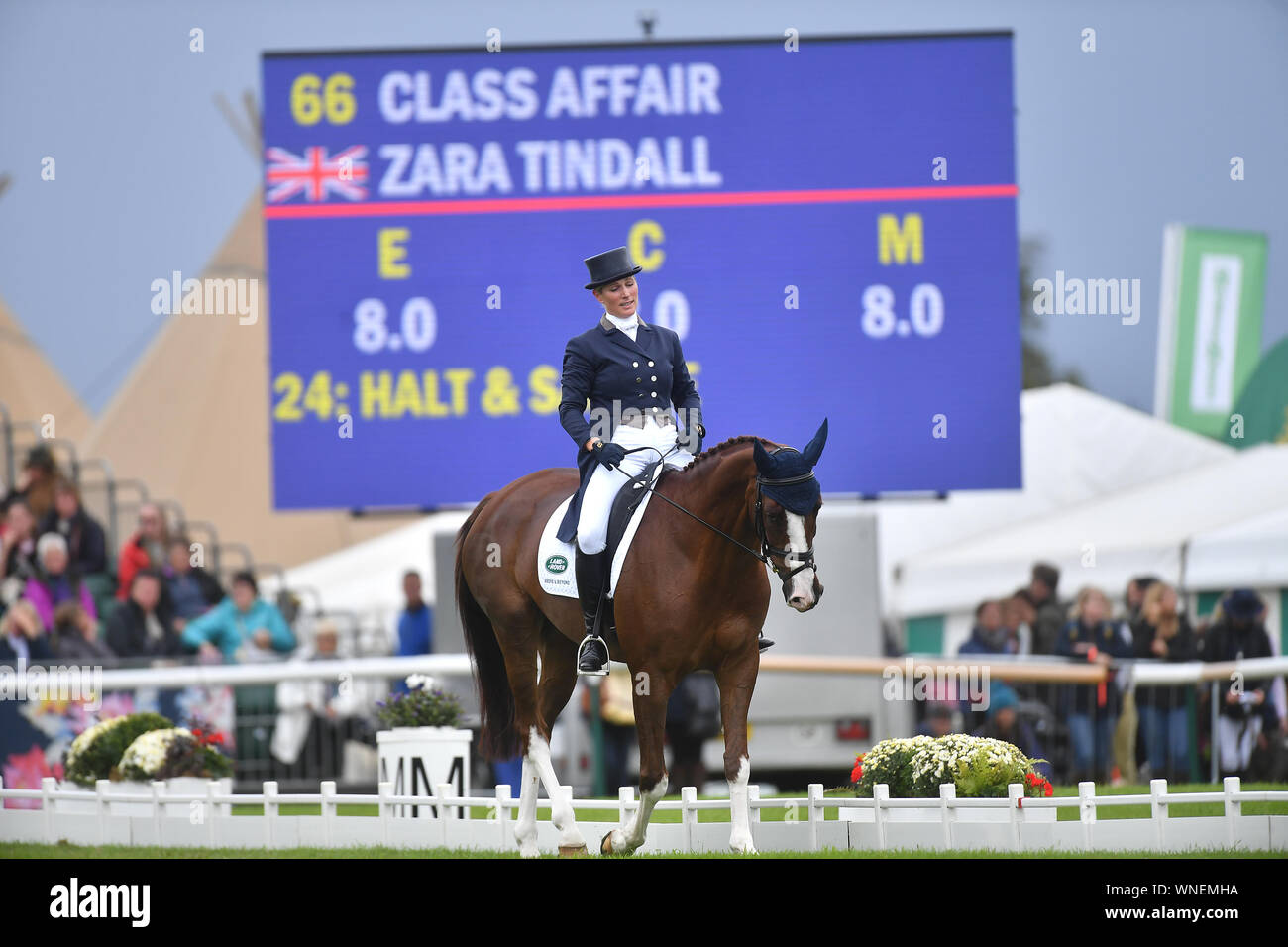 Zara Tindall competing in the dressage during the Land Rover Burghley Horse Trials in Stamford, Lincolnshire. Stock Photo