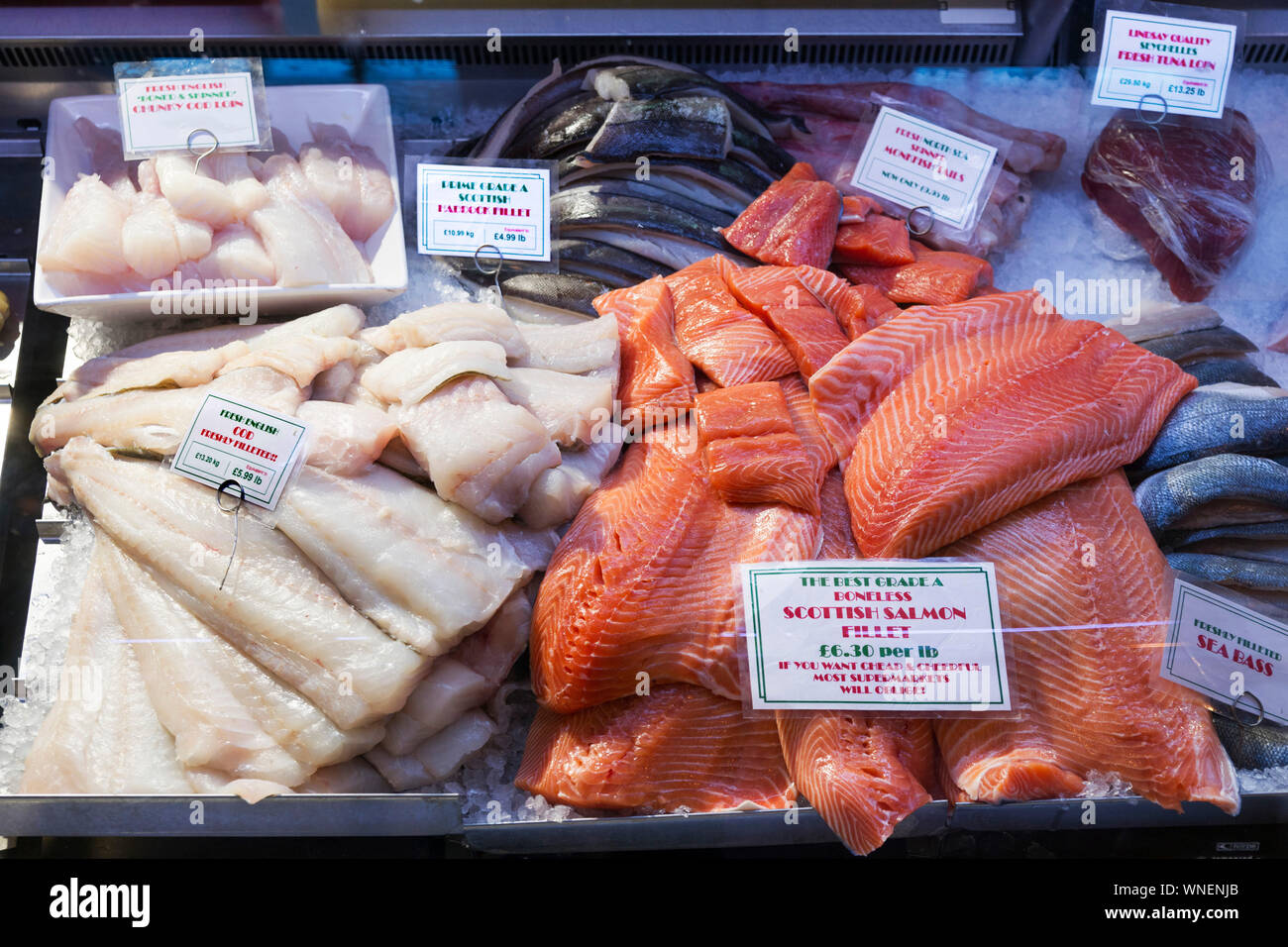 Fish Prices, Grainger Market, Newcastle, 2012 Stock Photo