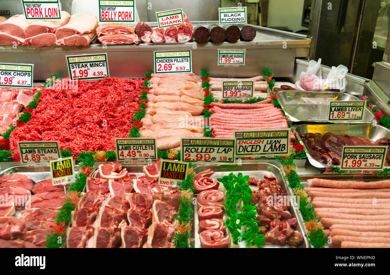 Meat Prices, Grainger Market, Newcastle, 2012 Stock Photo