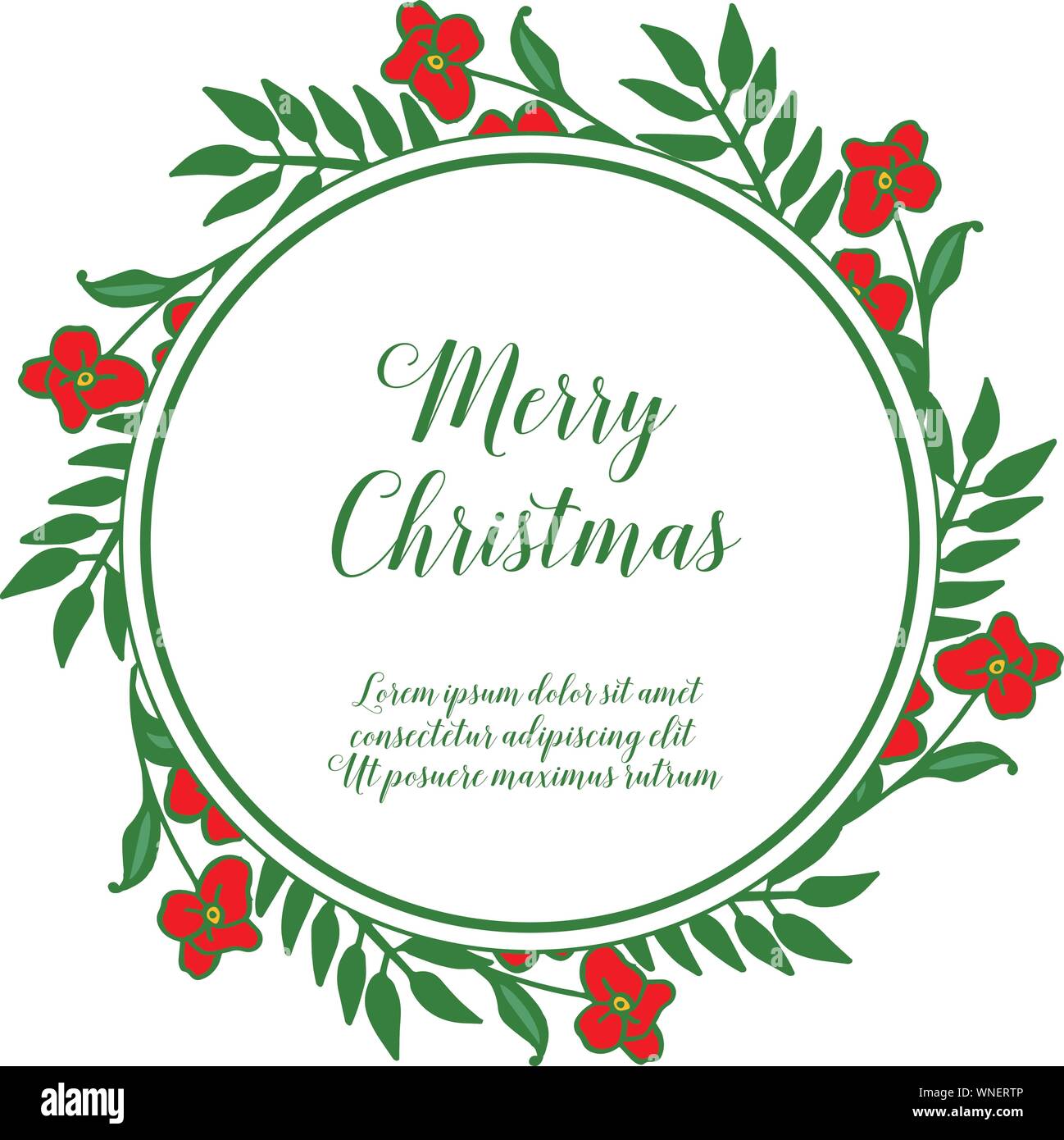 Greeting card merry christmas, with bright green leaves and red wreath ...