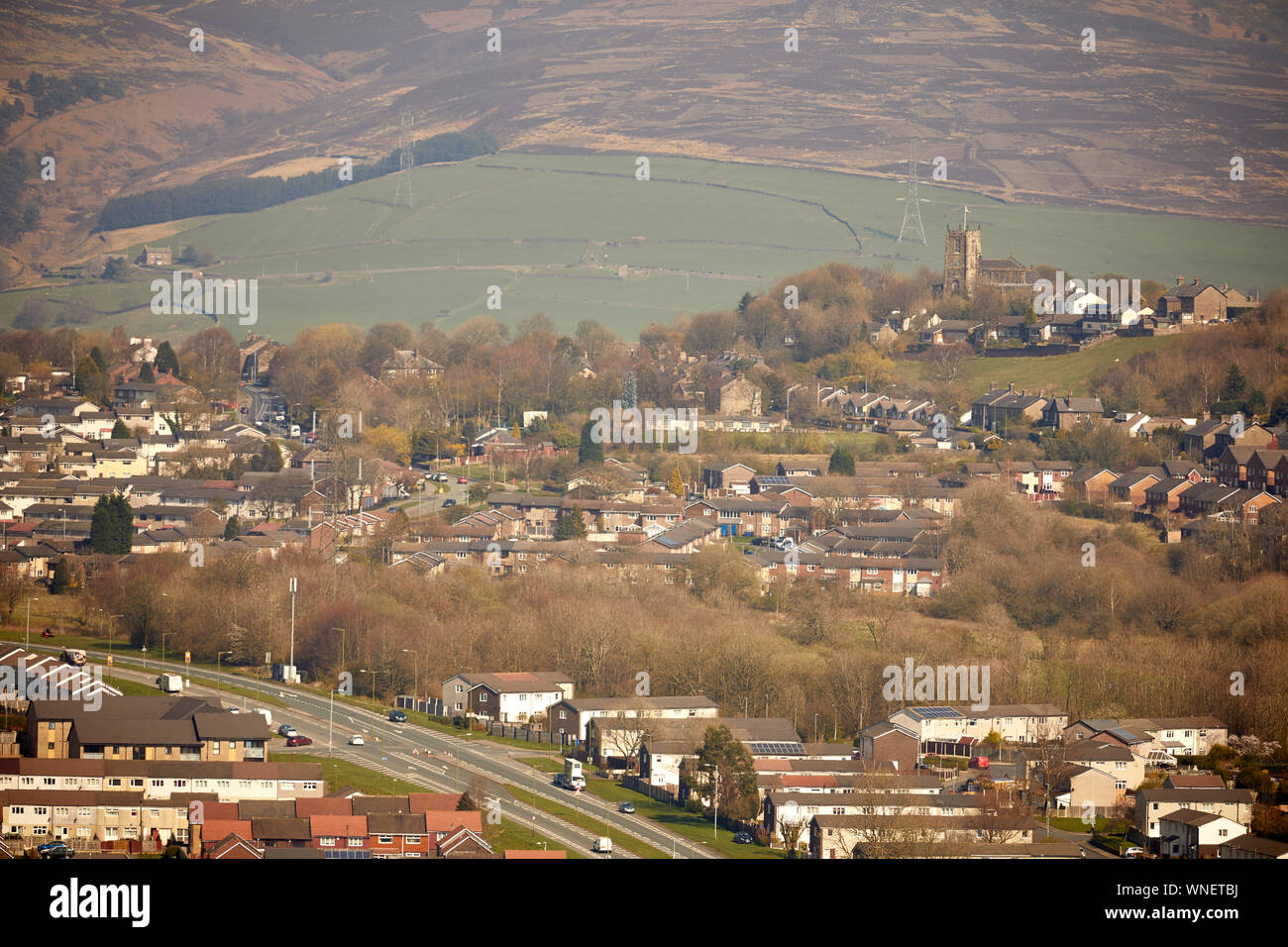 Tameside boarder Werneth Low looking down to Hattersley Stock Photo