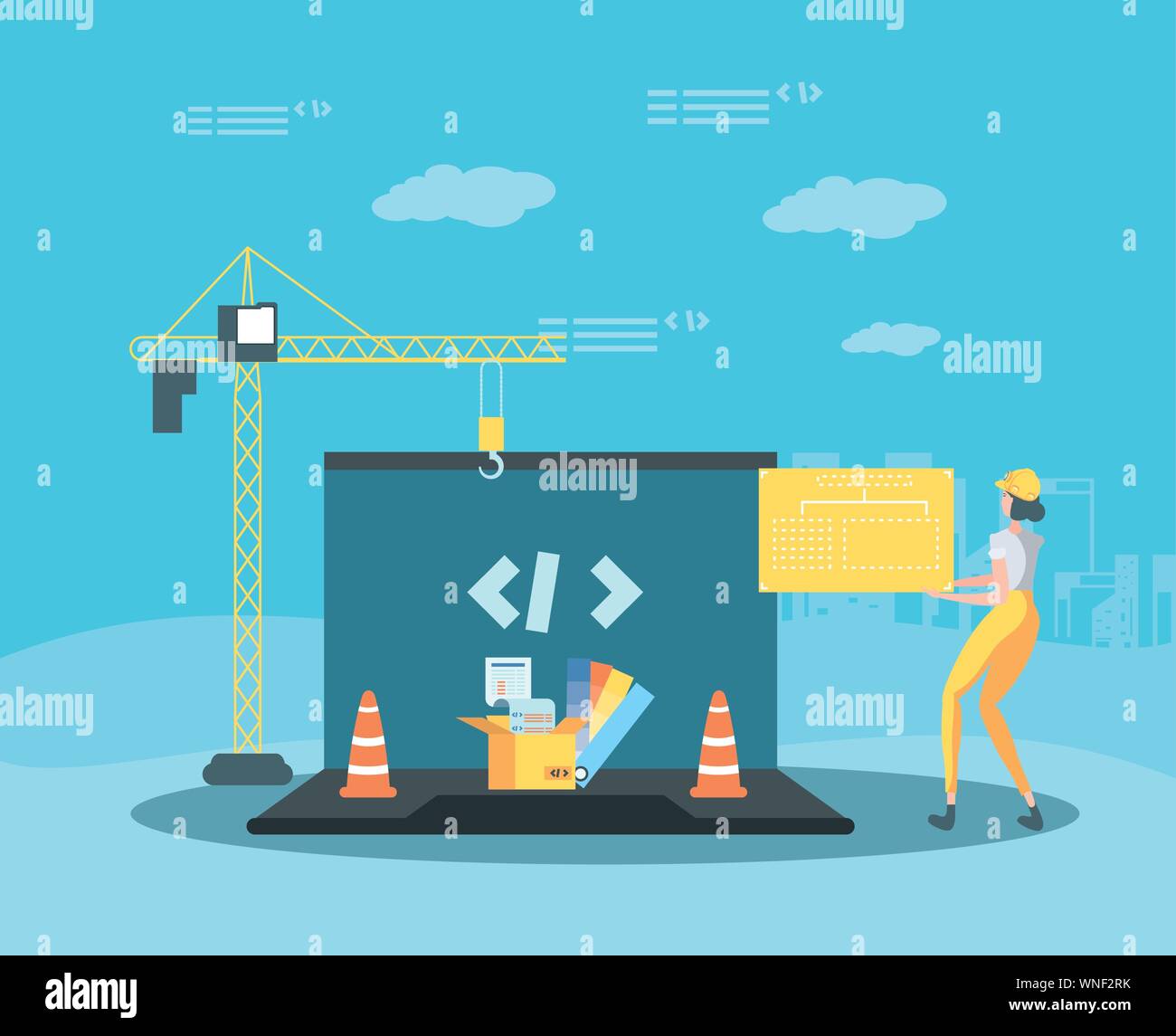 builder and laptop with webpage under cosntruction vector illustration design Stock Vector