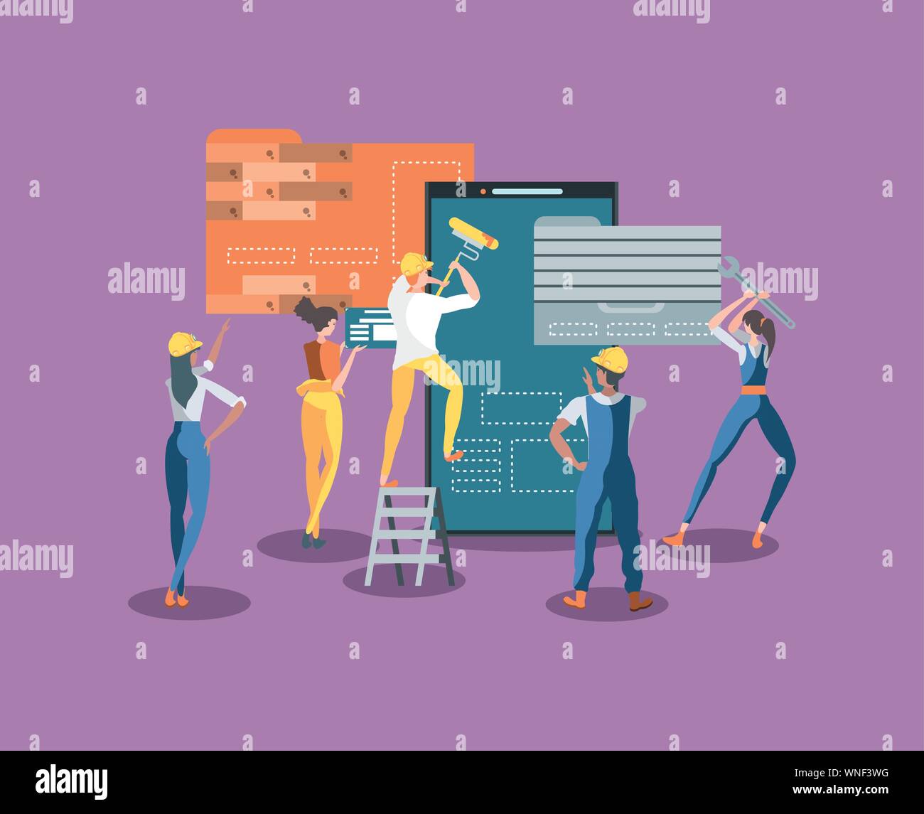 builders and smartphone with webpage under cosntruction vector illustration design Stock Vector