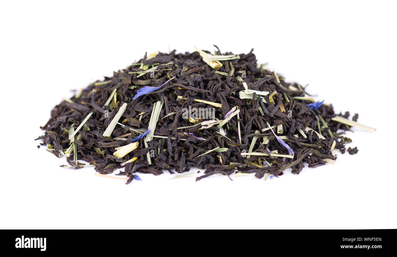 Black Ceylon tea with bergamot, isolated on white background. Top view