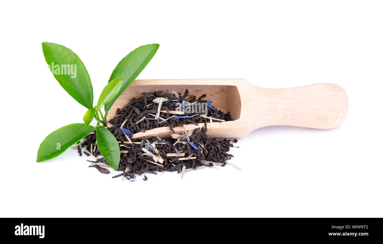 Black Ceylon tea with bergamot, isolated on white background. Top view