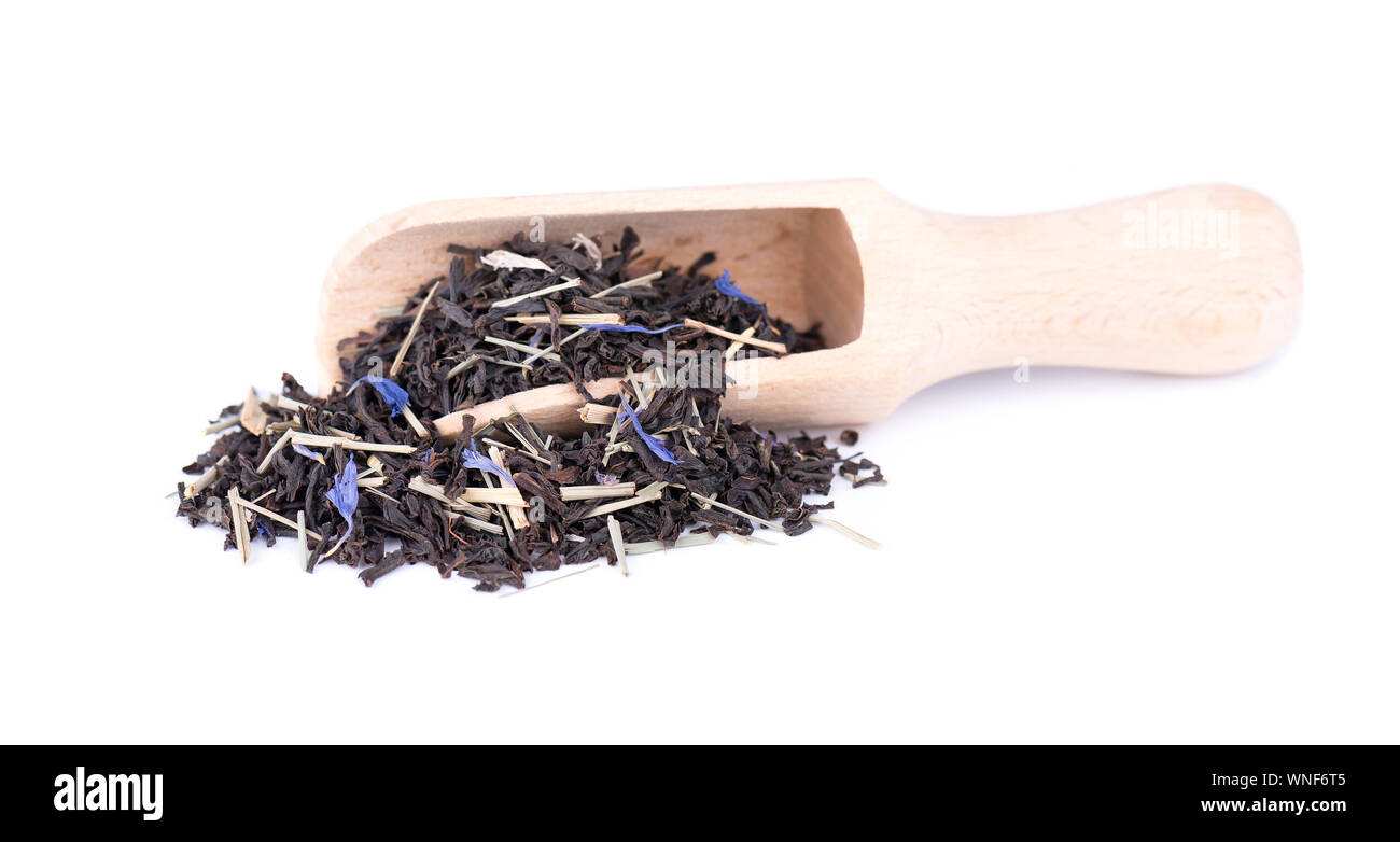 Black Ceylon tea with bergamot, isolated on white background. Top view