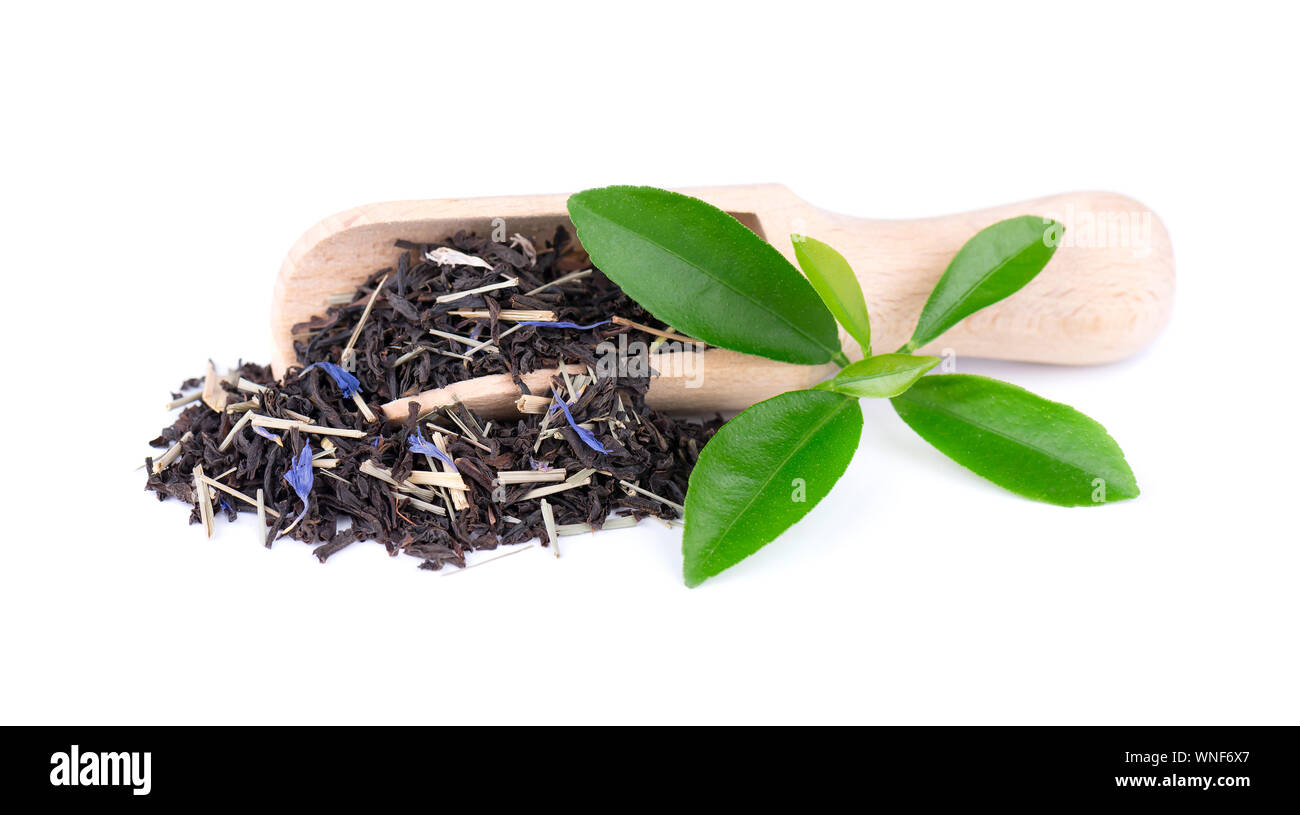 Black Ceylon tea with bergamot, isolated on white background. Top view