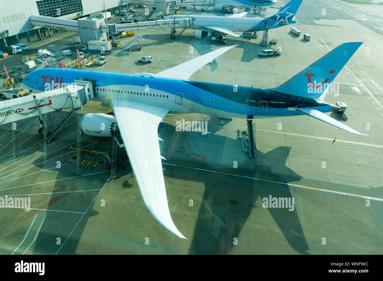 A TUI 787 Dreamliner on the stand at London Gatwick Airport on August