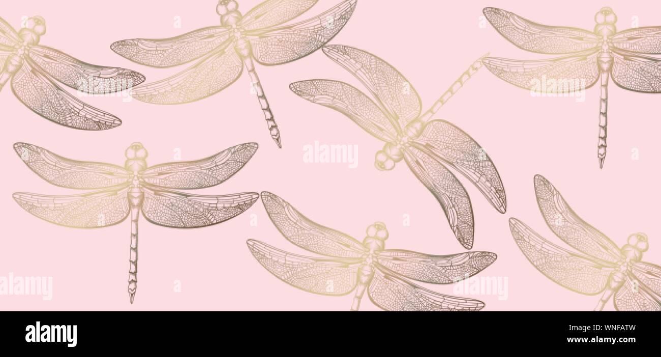 Dragonfly golden pattern Vector line art. Texture shiny decor Stock Vector