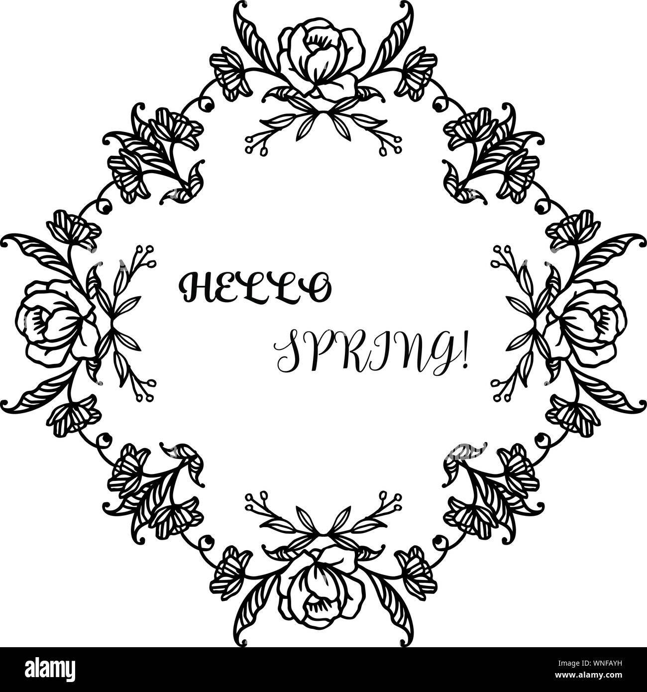 Hello spring greeting card design with flower frame hand drawn. Vector ...