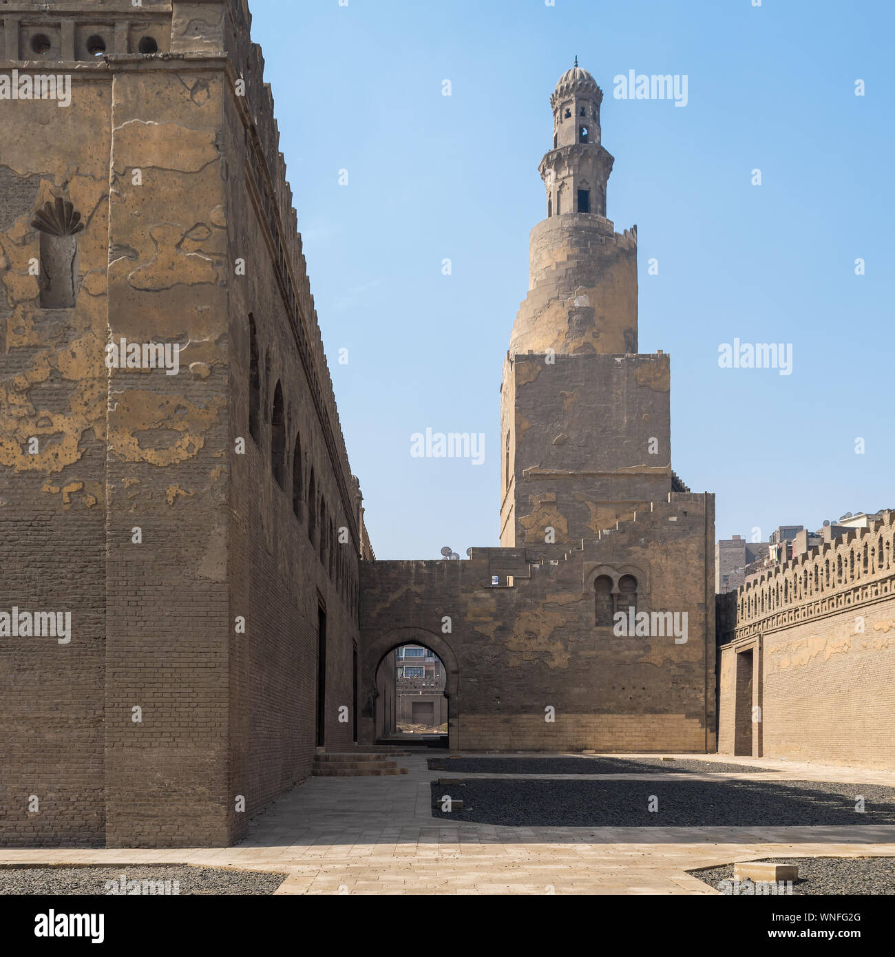 Minaret Ibn Tulun Mosque with helical outer staircase located at Sayyida Zaynab district, Medieval Cairo, Egypt Stock Photo