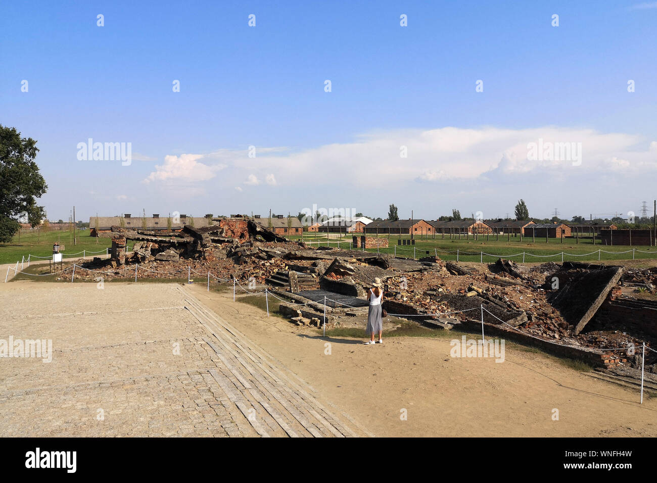 Ruins of Gas Chambers and Crematoria II and III at Auschwitz II - Birkenau concentration and camp in Poland, on 29th August 2019. Stock Photo