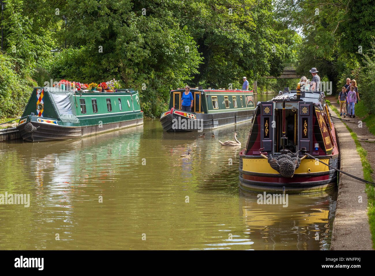 England, Northamptonshire, Braunston, Grand Union Canal & Narrowboats Stock Photo