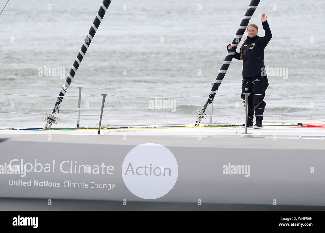 Climate Change activist Greta Thunberg sets sail aboard the Malizia II from Plymouth bound for UN climate summits in New York and Chile Stock Photo