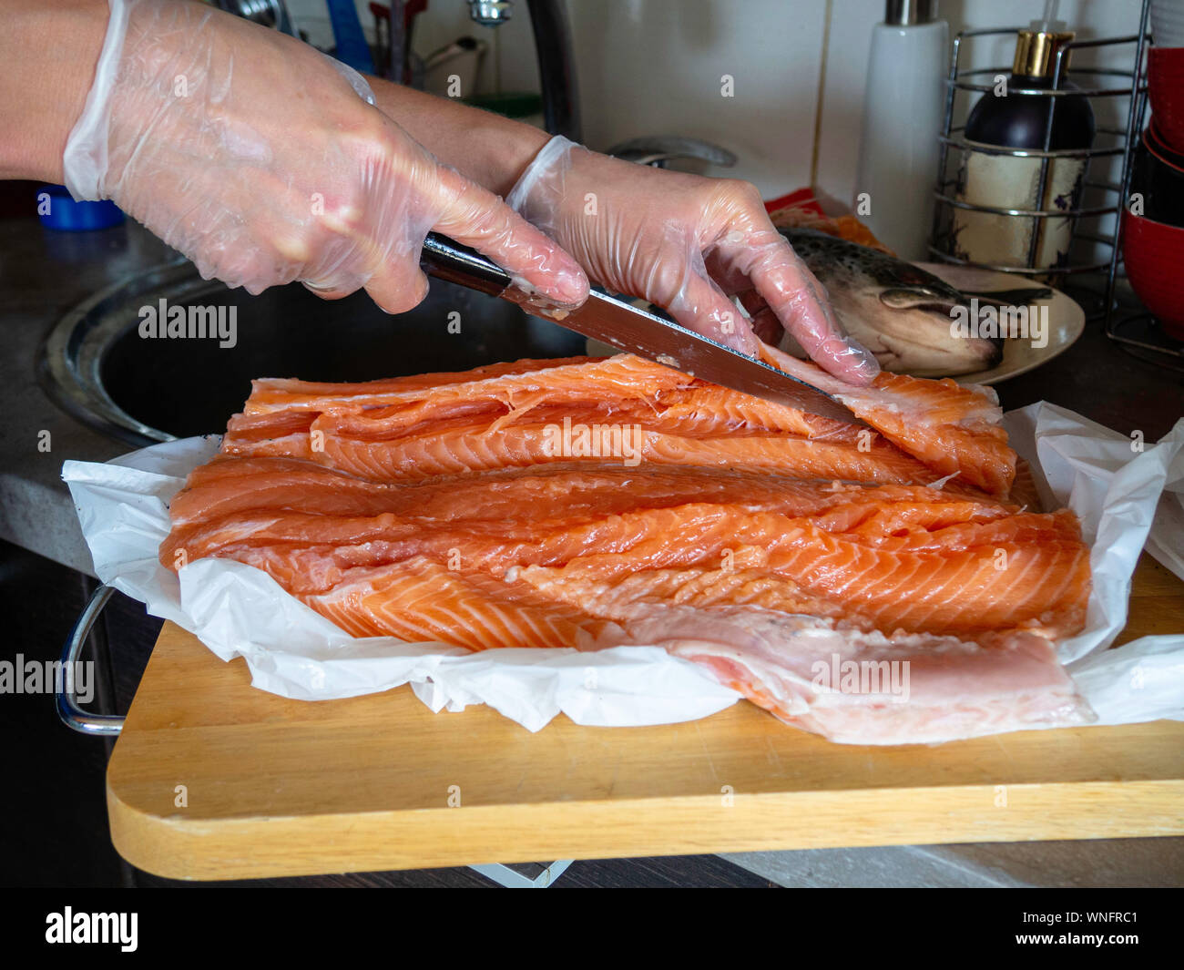 cleaning and filleting a fresh fish with fillet, filleting a salmon in